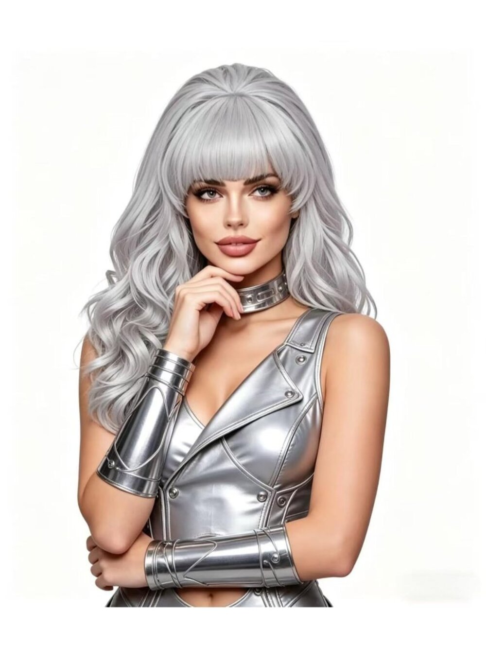 Women's Silver Heat Resistant Synthetic Fiber Retro Long Wavy Wigs Bangs